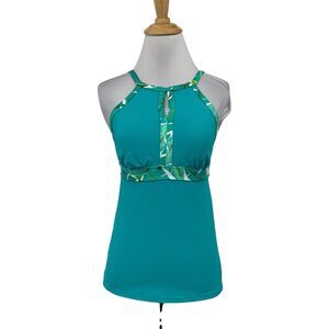 Lands' End Tankini Womens 2 Multi Keyhole Halter Leaf High Neck Padded Swim Top